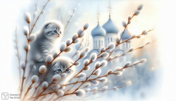 Нежные котята на ветвях ивы в лучах солнца над церковью. Картинка из нейронной сети Dalle