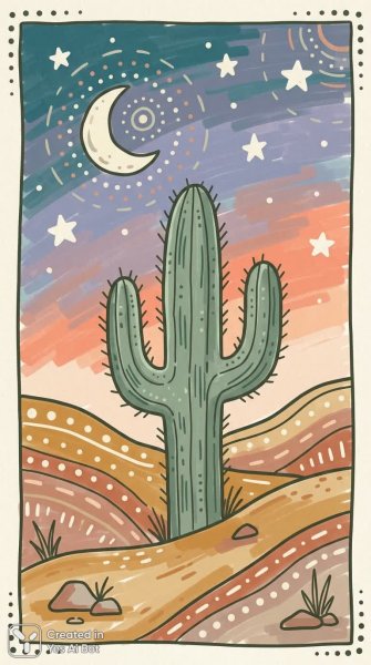 Загадочный кактус в пустынном пейзаже под звездным небом. Нейронная сеть Nano-Banana