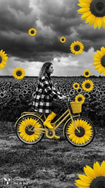 Девушка на велосипеде в поле подсолнухов: сюрреалистичный черно-белый коллаж. Нейронная сеть NanoBanana