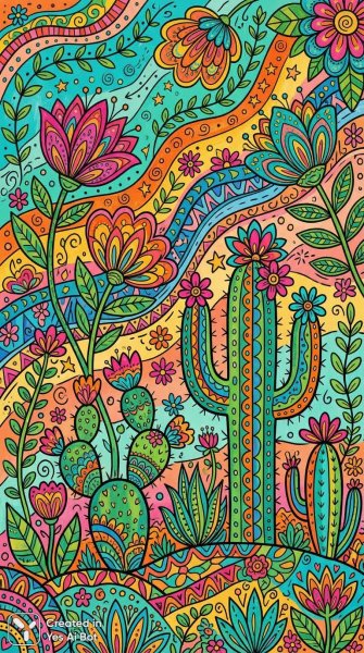 Яркое искусство с кактусами и цветочными мотивами в мексиканском стиле. Изображение из нейронной сети Nano Banana