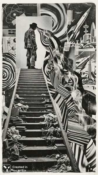 Сюрреалистичная мечта: одинокая фигура на розовой лестнице и радуга над землей. Изображение из нейросети Нано Банана