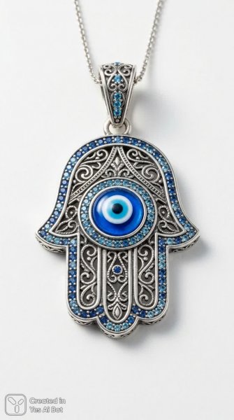 Серебряная хамса с кристаллами: защита и красота в деталях макросъемки. Картинка из нейронной сети Nano Banana