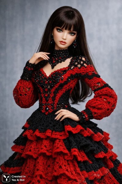 Кукла в ажурном платье: красный и черный стиль. Картинка из нейросети Sora Images