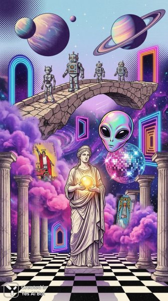 Космическая ретрофутуристическая галерея: мрамор, неоновый дым и хрустальные сферы. Генерация из нейронной сети Nano Banana