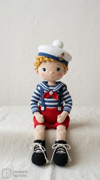 Маленькая вязаная кукла морячка в классическом образе и мягком освещении. Картинка из нейросети NanoBanana