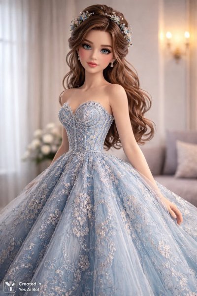 Кукла в роскошном голубом платье с серебряным узором и пышной юбкой. Изображение из нейросети Sora Image