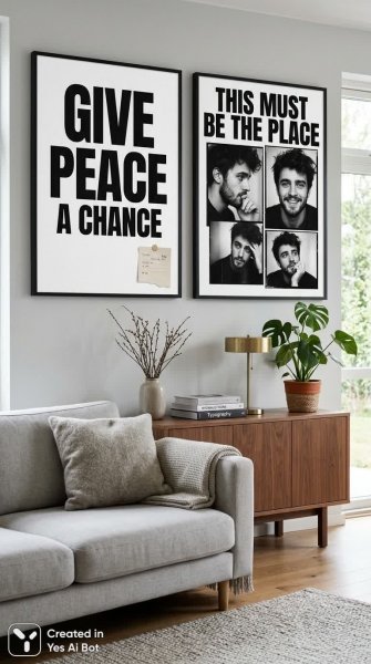 Современные постеры: типографика, портреты и минимализм в интерьере. Изображение из нейросети Nano Banana