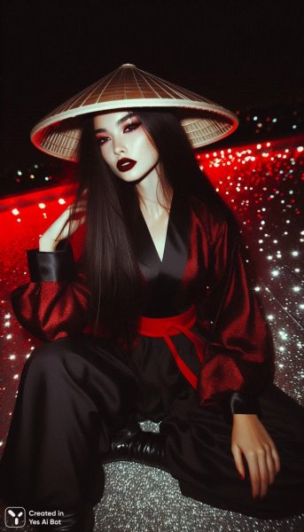 Ночная самурайка на крыше: бархатный снимок с эффектом вспышки и красным акцентом. Нейросеть Dalle