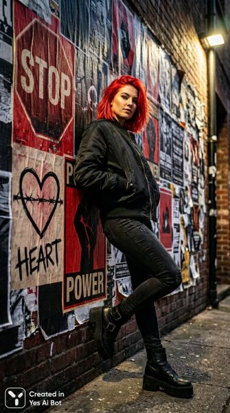 Яркий бунт на улицах: дерзкий образ в красном и черном. Генерация из нейросети Nano Banana