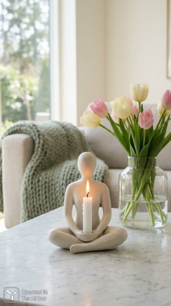 Скульптурная свеча в виде сидящей фигуры и весенняя композиция для уюта. Изображение из нейронной сети Нано Банана