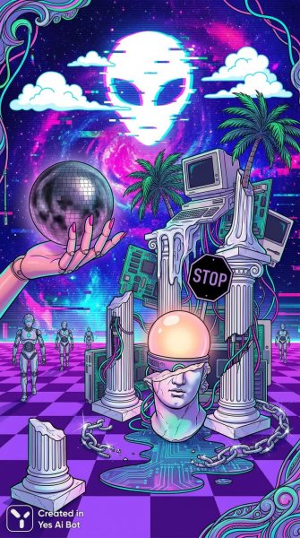 Неоновый варп: ретро-футуристический коллаж в стиле киберпанк и глитч-арт. Нейросеть Nano Banana