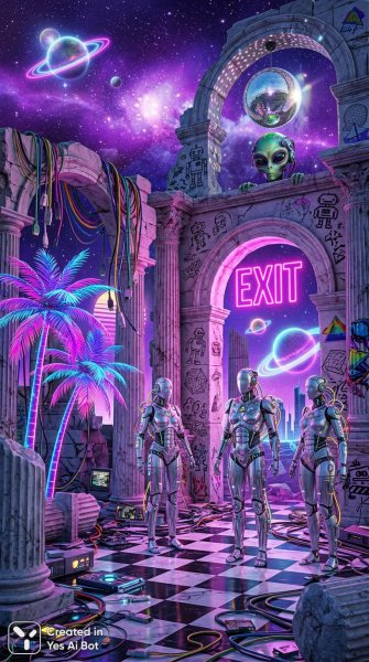 Неоновый космос: руины, манекены и портал в стиле вайб восьмидесятых. Картинка из нейросети Нано Банана