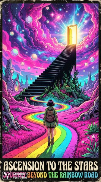 Путь сквозь радугу: ретрофутуристическая сцена в стиле Дали и Андреева. Генерация из нейросети Nano Banana