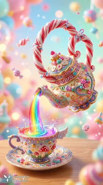 Фантастический чайник и радужный поток в сказочную чашку. Картинка из нейронной сети NanoBanana