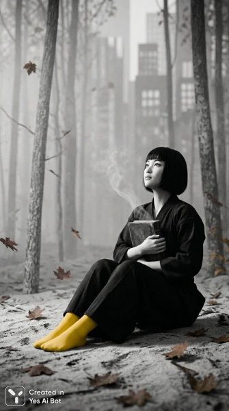 Осенняя меланхолия: девушка в туманном лесу и городские отражения. Нейросеть Нано Банана