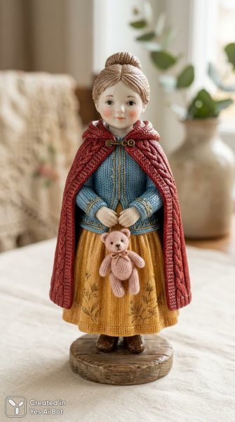 Кукла Снегурочка ручной работы в голубом платье и красном плаще с мишкой. Генерация из нейросети Nano-Banana