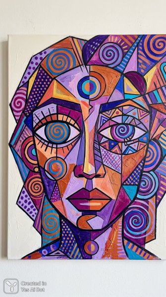 Геометрическое лицо в стиле кубизма с яркими акцентами и абстрактным фоном. Картинка из нейросети Нано Банана