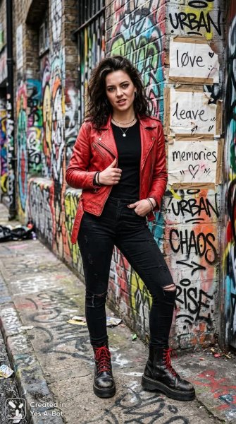 Стильный бунтарский образ в городском антураже. Картинка из нейронной сети Nano Banana