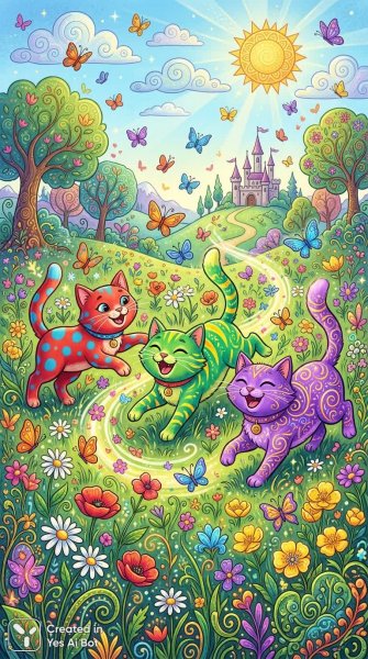 Веселые коты в цветущем лугу: яркий мультсериал о дружбе и игривости. Картинка из нейронной сети Nano Banana