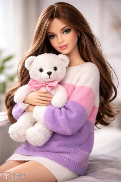 Кукла с мишкой: розовый уют и нежные детали образа. Картинка из нейросети Sora Image