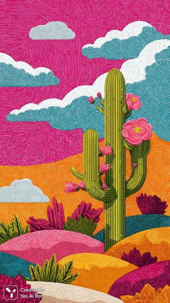 Пустынные фантазии: яркий кактус и небесное сердце в стиле наивного искусства. Картинка из нейросети Midjourney
