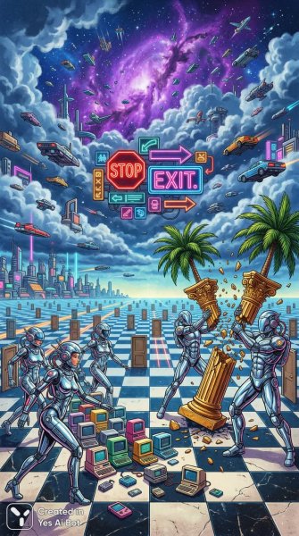 Хромированные манекены и цифровое ретро в неоновом коллаже будущего. Генерация из нейросети NanoBanana