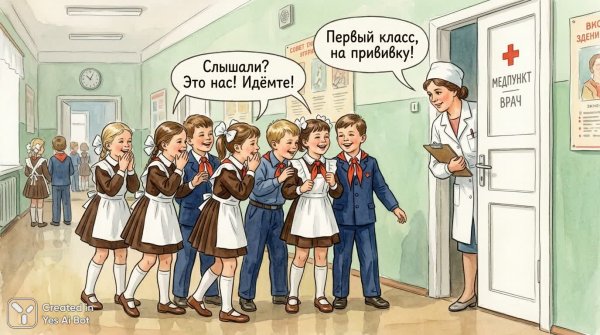 Советские школьники у врачебного кабинета. Изображение из нейронной сети Nano Banana