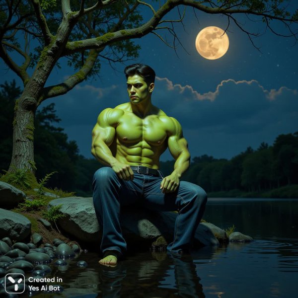 Могучий воин у темного пруда под звездным небом ночи. Изображение из нейросети Flux.1