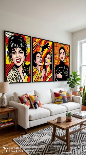 Яркий поп-арт триптих: женщины, кошки и современный уют в интерьере. Генерация из нейросети Nano-Banana