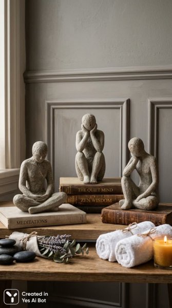 Каменные изваяния в стиле минимализм: медитативное спокойствие и уют спа. Изображение из нейросети Нано Банана
