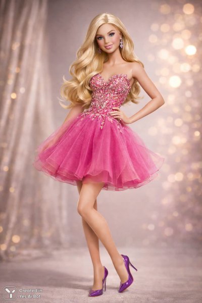Кукла в фиолетовых туфлях и розовом платье с кружевным корсетом. Генерация из нейросети Sora Image
