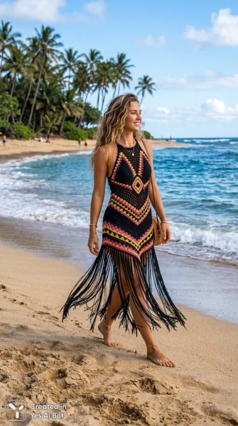 Пляжная элегия: черное кружево и лазурный океан с пальмами. Картинка из нейронной сети NanoBanana