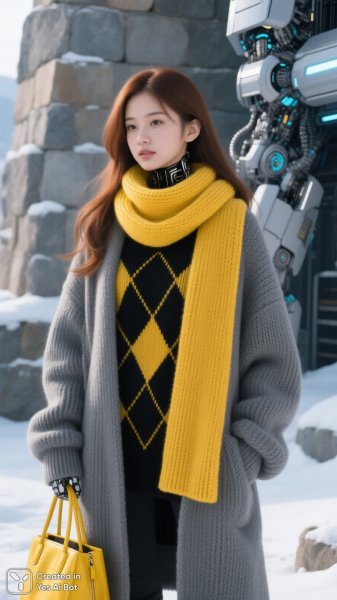 Зимний стиль: яркая девушка в уютном свитере и шарфе на фоне каменной стены. Нейросеть Qwen Images