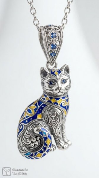 Изящный серебряный кулон кошка с яркими акцентами эмали и камнями. Картинка из нейронной сети Нано Банана
