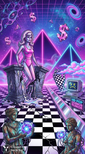 Неоновый хаос: столкновение миров в стиле vaporwave и цифровой меланхолии. Картинка из нейросети Nano Banana