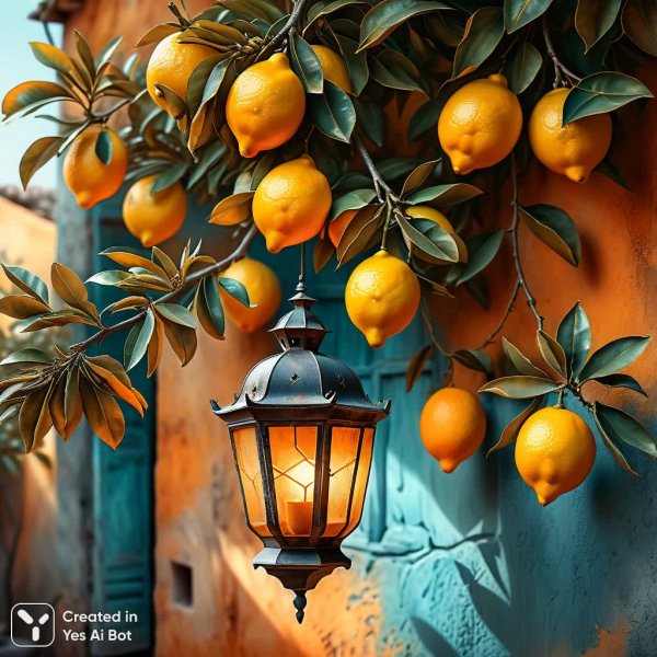Лимонный сад в оранжевых тонах: цифровое искусство и акварельный грай. Изображение из нейросети Стейбл Дифьюжн