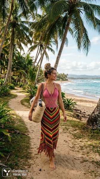 Яркая мода на пляже: вязаный образ с этническими мотивами и летним настроением. Картинка из нейронной сети Нано Банана
