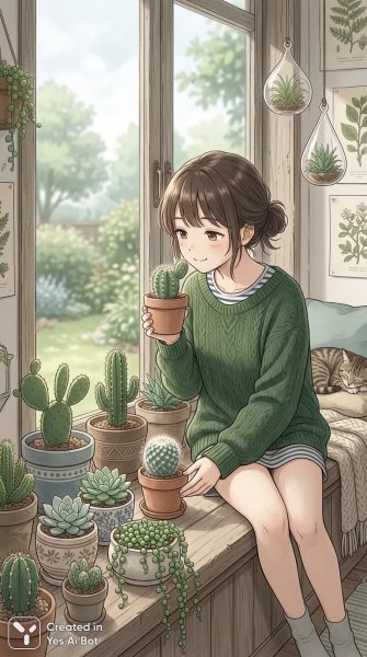 Девушка и кактусы: умиротворение в объятиях природы и растений. Генерация из нейросети Nano Banana