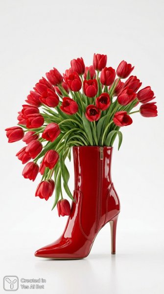 Яркий букет красных тюльпанов из элегантного ботинка. Генерация из нейросети Нано Банана