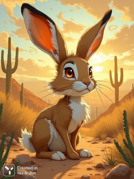 Взгляд пустынного кролика: спокойствие и красота природы в закатных лучах. Картинка из нейросети Flux 1