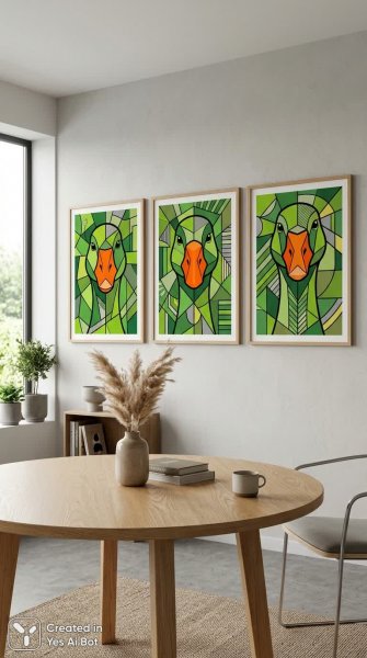 Кубистичный постер: Зеленые панели с лицами гусей и яркими акцентами. Картинка из нейронной сети Нано Банана