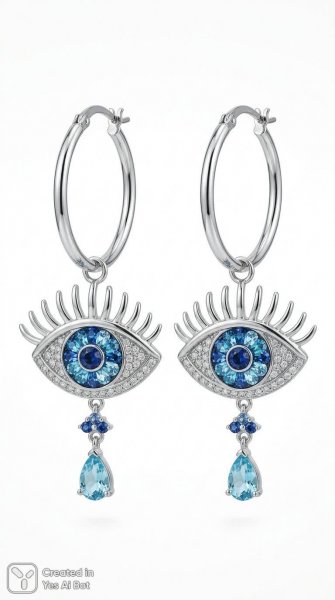 Изысканные серьги-кольца с кристаллами и серебряными ресницами. Нейросеть Nano Banana