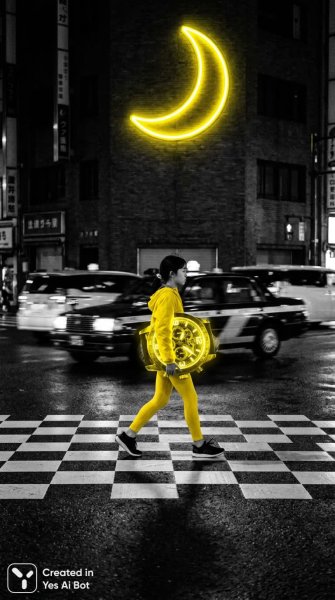 Девушка в желтом на фоне сюрреалистичного черно-белого города и неонового лунного света. Генерация из нейросети Nano-Banana