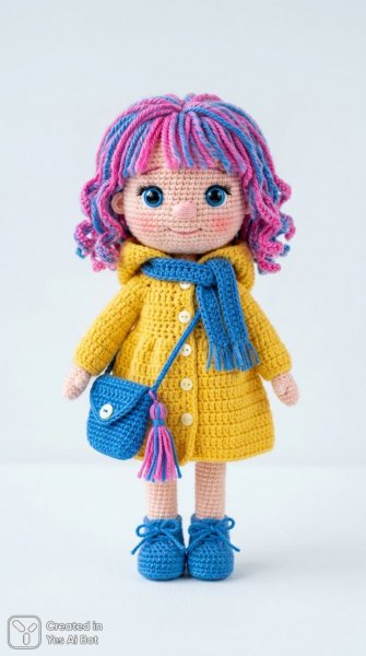 Кукла амигуруми с розово-голубыми волосами и ярким нарядом. Нейронная сеть Nano-Banana