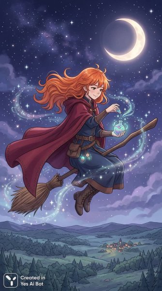 Огненная колдунья: полет сквозь звездные дали и магию ночи. Нейросеть NanoBanana