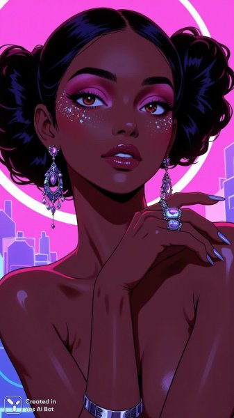 Яркая красотка с темной кожей и неоновой магией. Нейронная сеть Flux.1