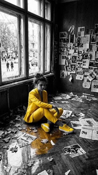 Одиночество в желтом: осенняя меланхолия среди обломков прошлого. Нейросеть Nano Banana