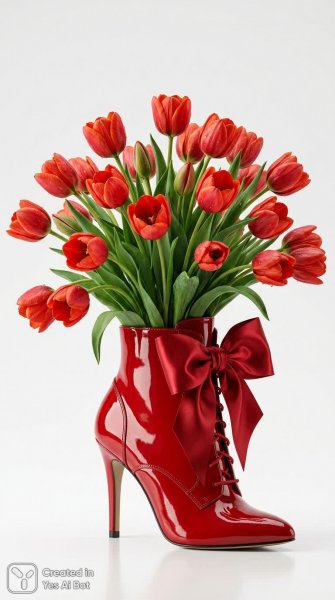 Яркий букет красных тюльпанов в стильной обуви. Генерация из нейронной сети Nano-Banana