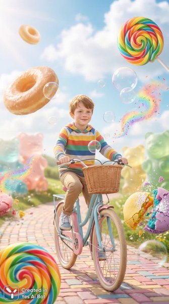 Сладкая сказка: мальчик на велосипеде в волшебном мире конфет и радуг. Генерация из нейросети NanoBanana