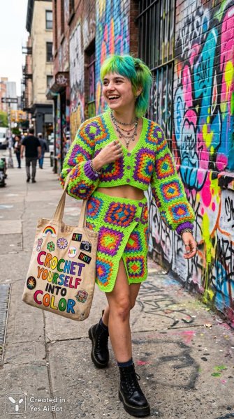 Яркий образ: пикси с вязаным кроп-топом и смелый девиз. Нейросеть NanoBanana